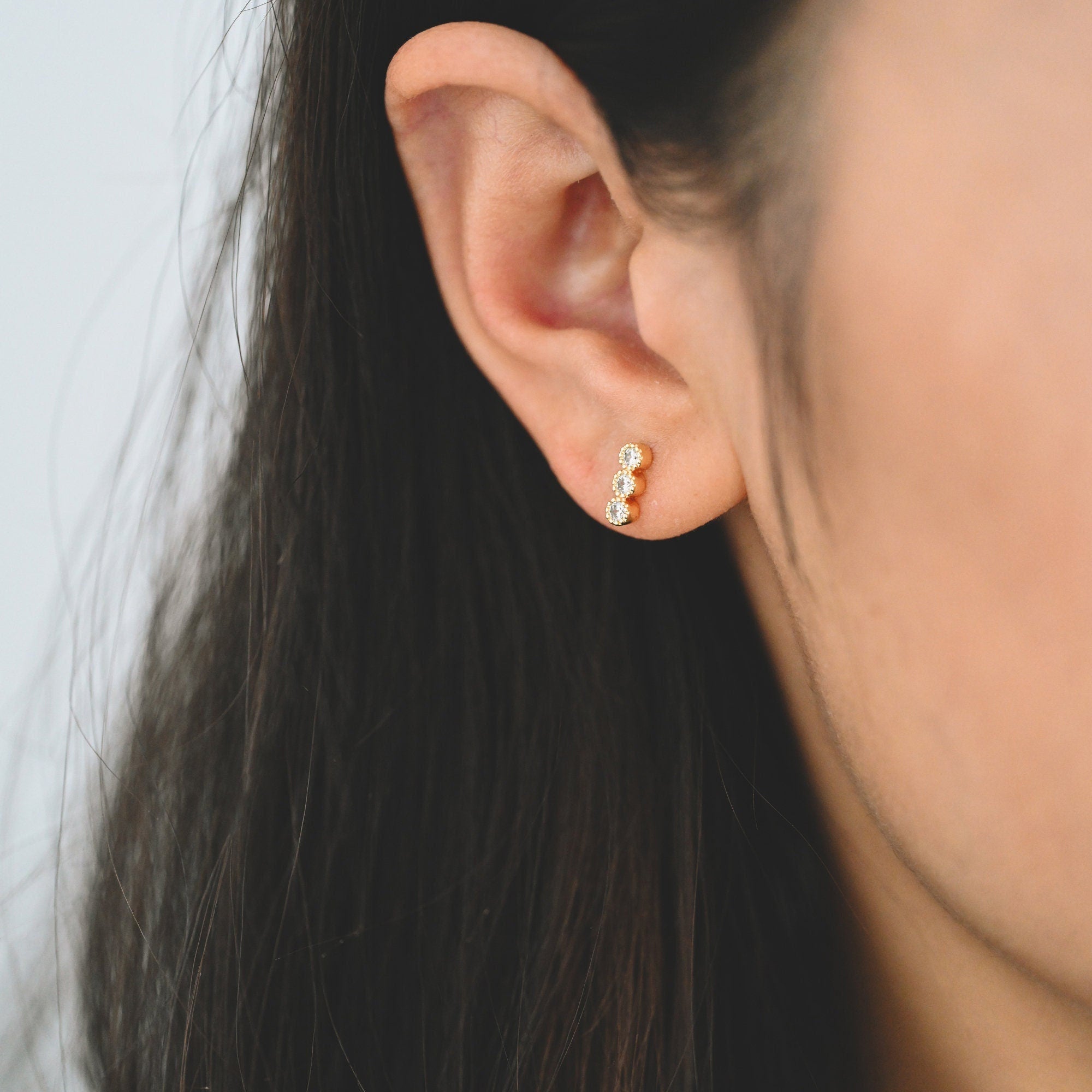 4pcs CZ Pave Bar Ear Posts, Real Gold Plated Brass Minimalist Stud Earrings (#GB-3671-D)